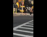 Girl leash brown dog mask guy mural