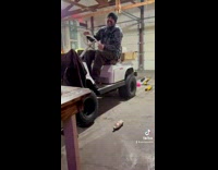 Driver does wheelie on golf cart passenger falls 