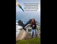 Girl greenscreen rocket on beach hitting house 