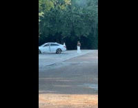 Woman poses behind the white parked car