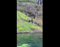 Herd of goats run down cliffside to shore part 1