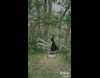 Woman opening a unique gate that opens by pushing down