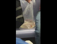 Guy holds ziplock with fish inside on subway 