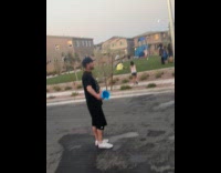 Boy ask man if he is allowed to get wet