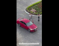 Man dance over red car at garden part 2