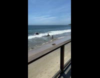 Shirtless guy sit stone pose beach waves