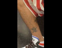 Guy american flag shorts leg tattoo subway
