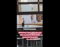 Overall skirt girl pose metal bus stop 