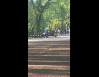 Person wear eggplant costume filmed at park