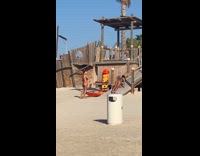 Girl bikini pushups on wooden bridge beach