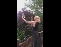 Woman black dress hold wine ponytail hair