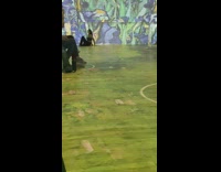 Lady in black sits next to art exhibit wall 