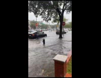 Cars drive slow in the flooded street