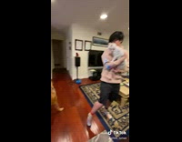 White cat held tries to fight dog 