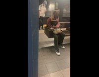 Guy has wood frame on head