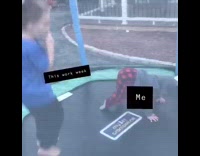Boy jumps on trampoline, red plaid pants cant get up off the ground