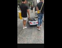 Two guys with dog in toy car