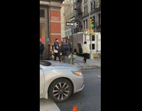 Guy with stuffed animals on bike makes bird call noises on the street