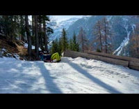 Guy riding sled hits wood falls down