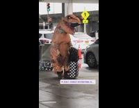 Inflatable dinosaur costume waits for car airport