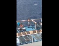 Shirtless guy striped shorts take selfies ship