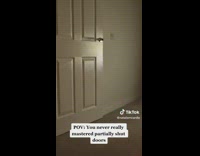 Black cat reaches paw through door cant open