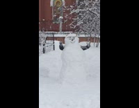 Snowman has moving arms with help of guy 