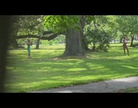 White crop top brown pants park ponytail 