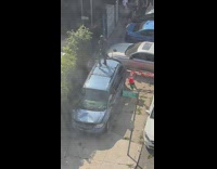 Guy trims trees on blue car 
