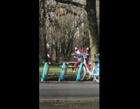 Two girls red checkered pants dance park