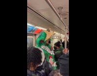 Guy dress as Christmas tree on subway