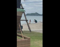 Woman sit faces the beach while man takes picture behind