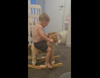 Boy swings on rocking horse and falls 