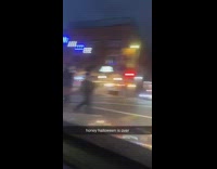 Woman angel costume cheerleader lift middle street