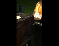 Girl stares at the camera with tortillas on bbq grill and almost burns her hair