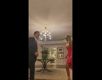 Guy chest bumps girl falls down