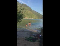 Couple hug beach pictorial photo bomber swim