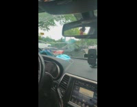 Passenger in car sticks wig out window 