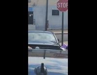 Guy waves large stick around sidewalk cars