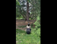 Guy in white poses standing on tree 