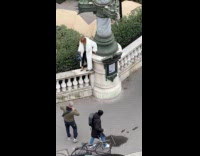 Woman in white fur coat bushes photoshoot