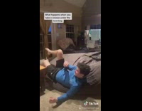 Collab VIBES - Guy jumps on grey beanbag sleeping brother