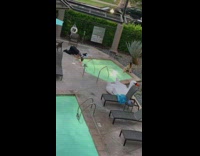 Woman violet bikini swimming pool photoshoot Part 2