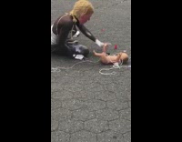 Woman silver swimsuit trump mask puts white paint on toy baby infant on the ground to loud music
