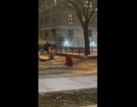 Woman uses hammer to break ice 