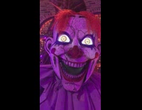 Talking clown and skeleton decorations outside house