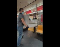 Two guys almost get off at the wrong stop carrying a couch