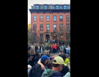 Crowd sings on annual marathon block party