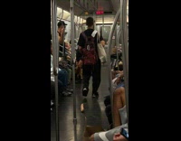 Collab Subway Creatures - Man with baguette on leash walk in train