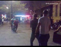 Drunk guys play with trash can stairs 